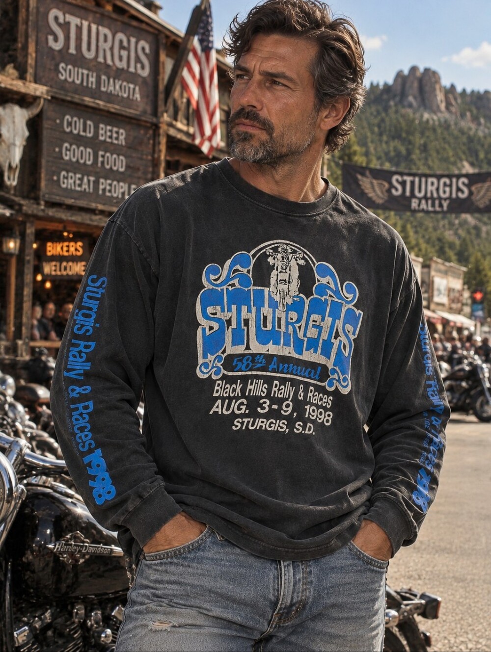 VINTAGE 1998 Long Sleeve Sturgis Shirt Black Mens Large Biker Black Hills Rally